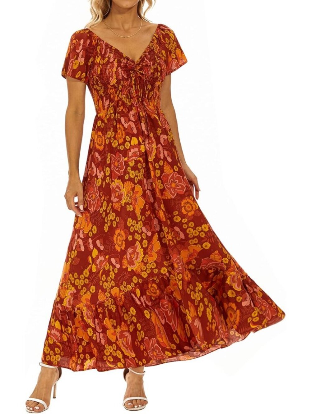 Women's Floral Wine Stylish Flowy Ruffled Beach Short Lightweight Maxi Dress